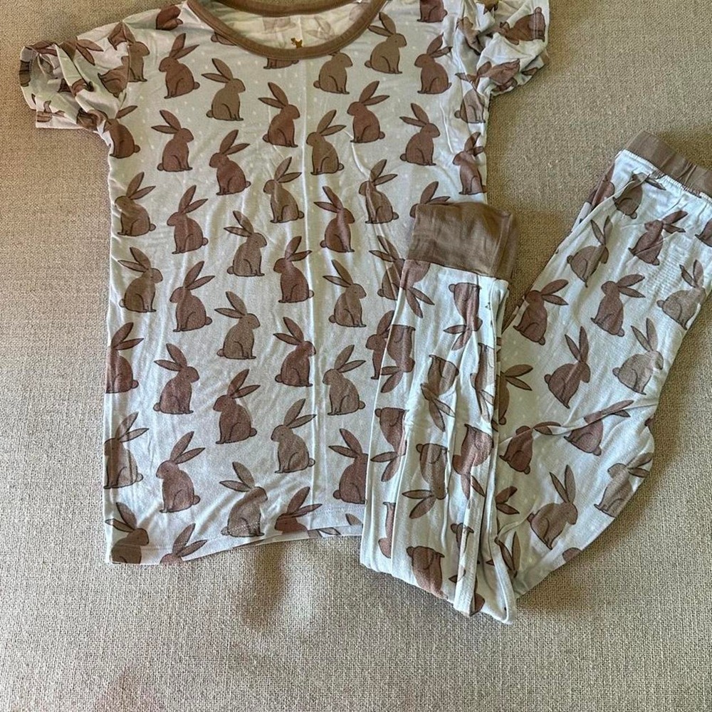 Kiki + Lulu Pajama Set Kids 9/10 Bamboo Bunny Print Brown Cream Short Sleeve PJ